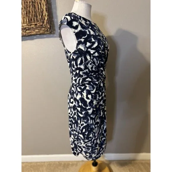 Ralph Lauren Dress 8 Stretch Sheath Blue Ivory Washable Knot Sleeveless NEW - Picture 5 of 13